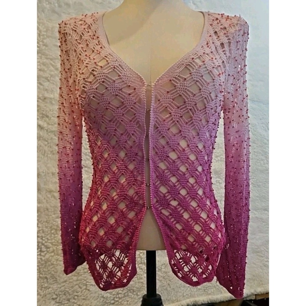 Hand Beaded Hand Crochet Cardi‎ Lg Pink Red Ombre Glass Beads Firm Price #668